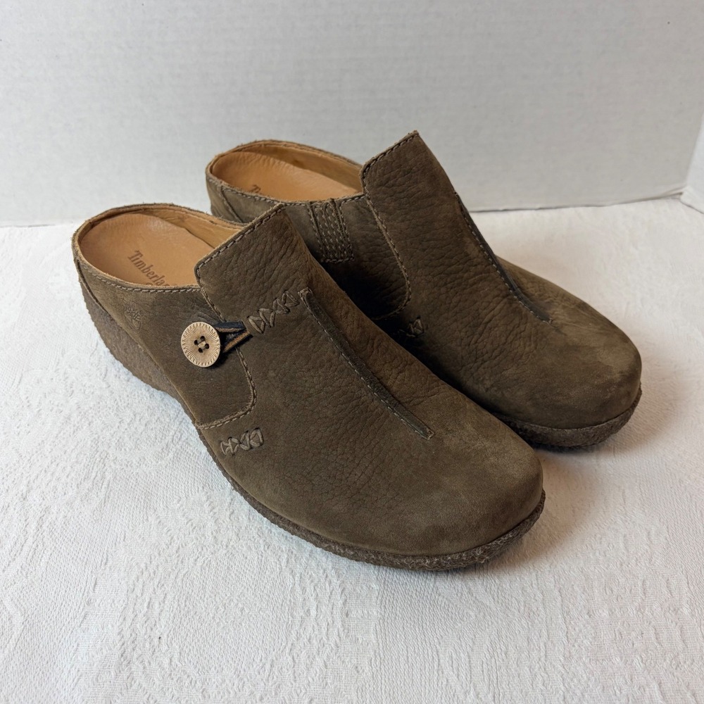 Timberland Comforia System Womens 10M Brown Leather Clogs Mules Button 65340